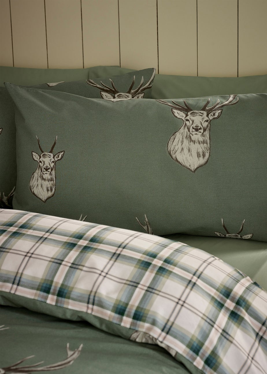 Catherine Lansfield Stag Check Reversible Duvet Cover Set Soft Green