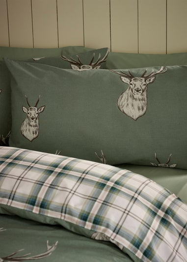Catherine Lansfield Stag Check Reversible Duvet Cover Set Soft Green