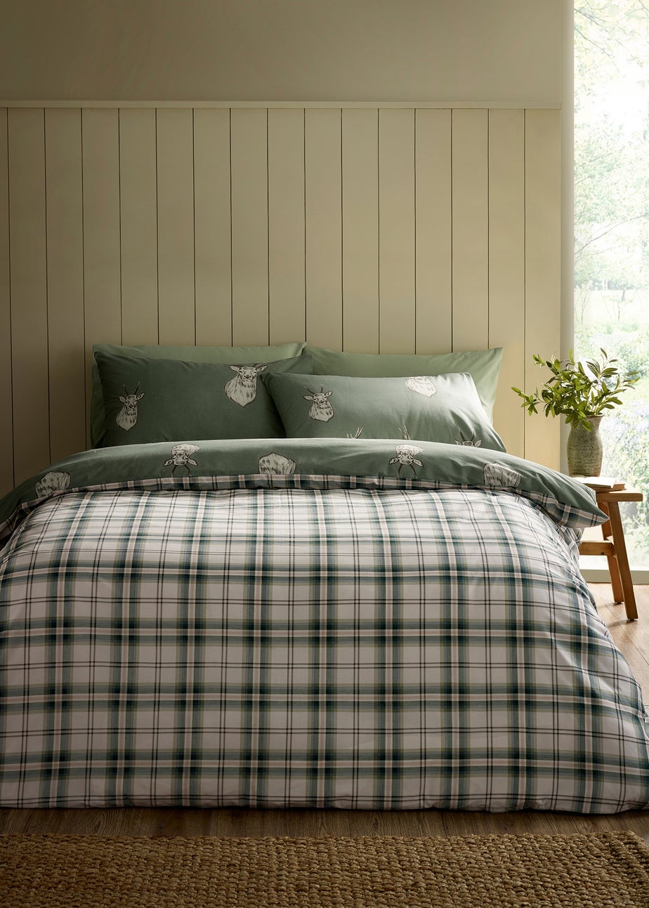Catherine Lansfield Stag Check Reversible Duvet Cover Set Soft Green