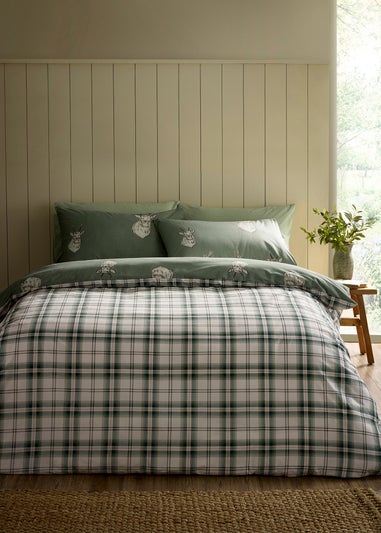 Catherine Lansfield Stag Check Reversible Duvet Cover Set Soft Green