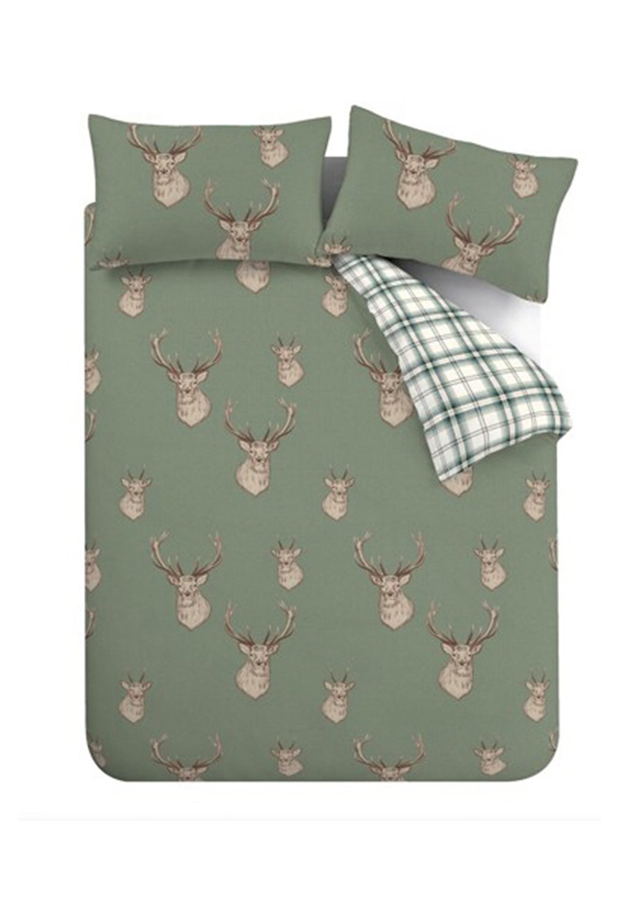 Catherine Lansfield Stag Check Reversible Duvet Cover Set Soft Green