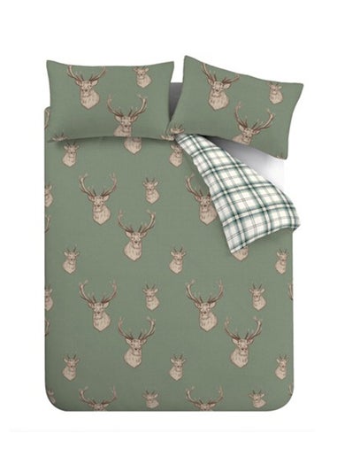 Catherine Lansfield Stag Check Reversible Duvet Cover Set Soft Green