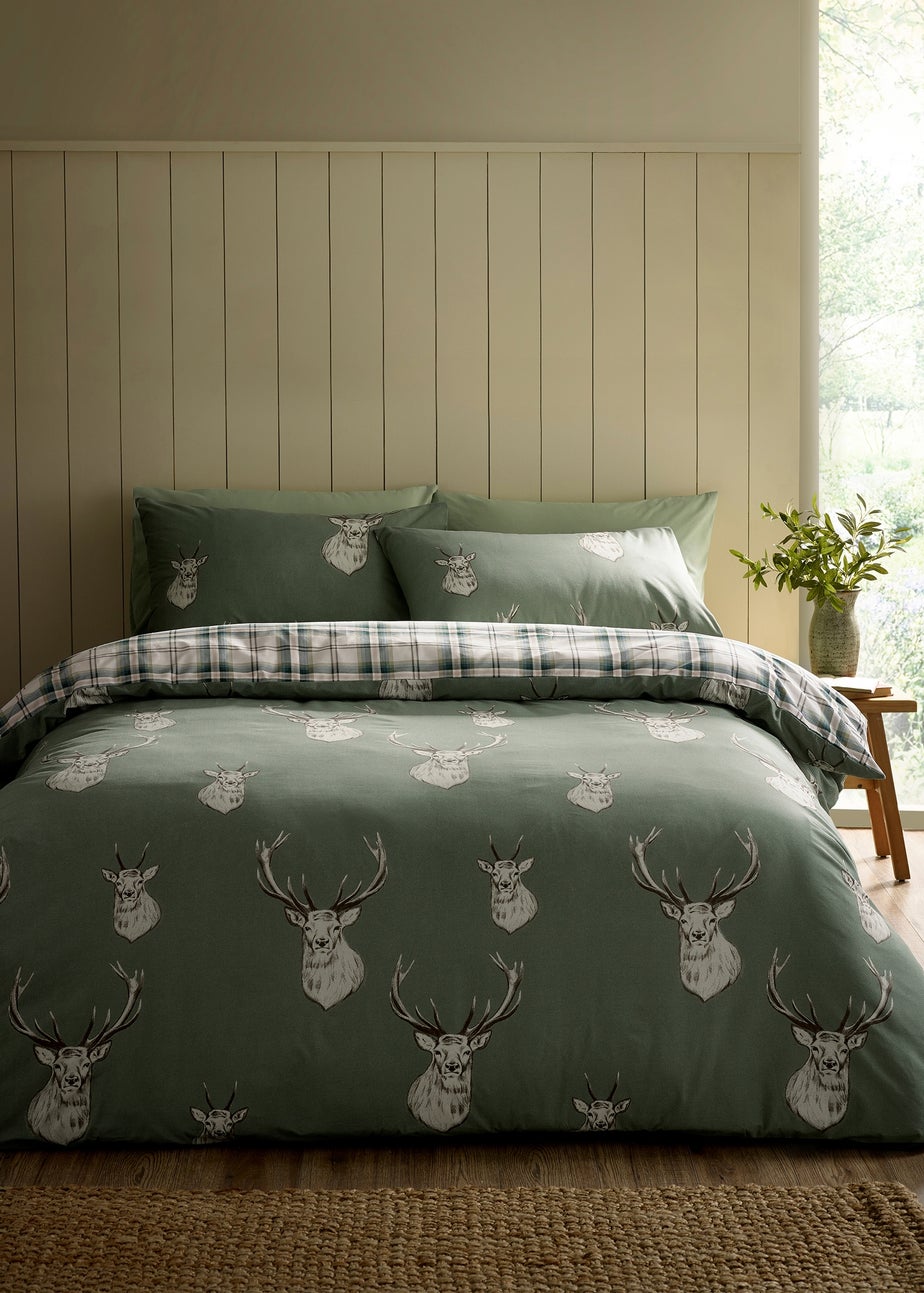 Catherine Lansfield Stag Check Reversible Duvet Cover Set Soft Green