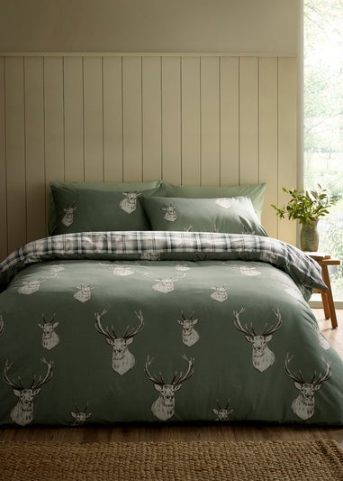 Catherine Lansfield Stag Check Reversible Duvet Cover Set Soft Green