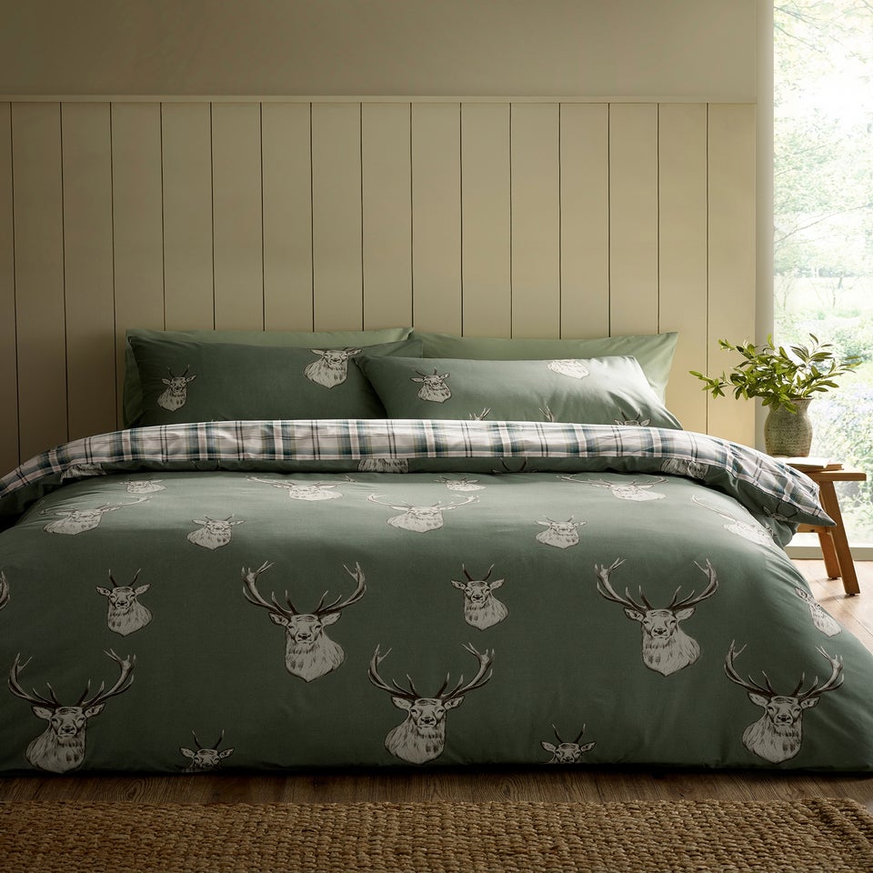 Catherine Lansfield Stag Check Reversible Duvet Cover Set Soft Green