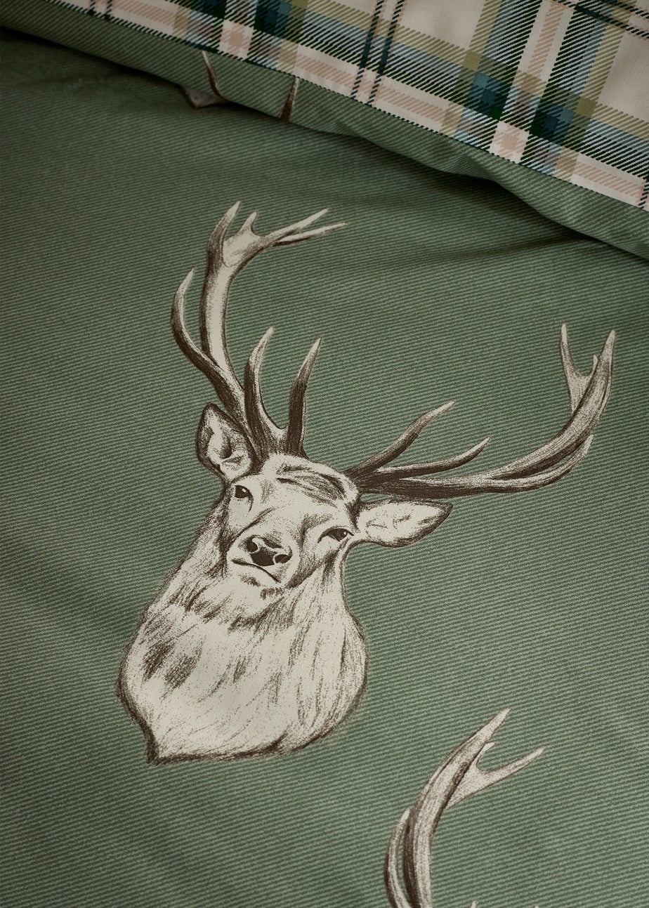 Catherine Lansfield Stag Check Reversible Duvet Cover Set Soft Green