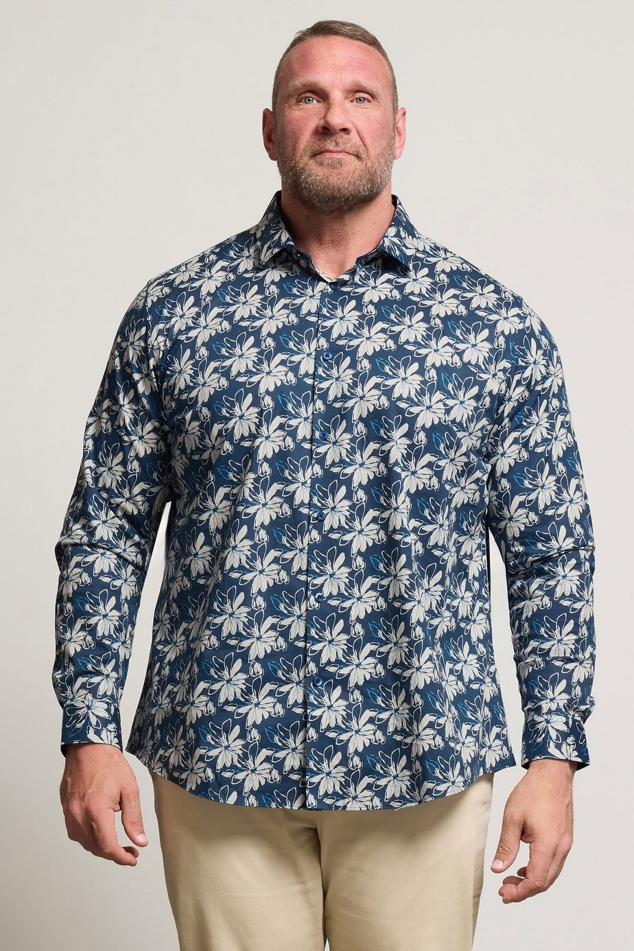 BadRhino Tailoring Navy Blue Premium Leaf Print Long Sleeve Shirt