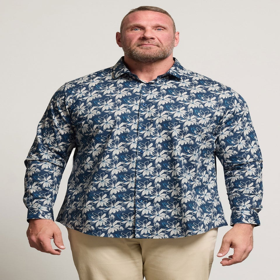 BadRhino Tailoring Navy Blue Premium Leaf Print Long Sleeve Shirt