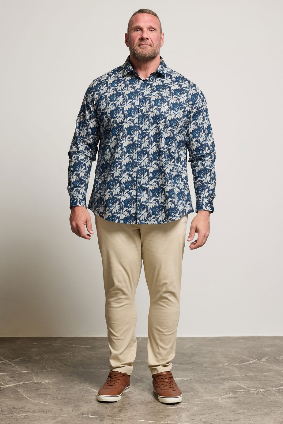 BadRhino Tailoring Navy Blue Premium Leaf Print Long Sleeve Shirt