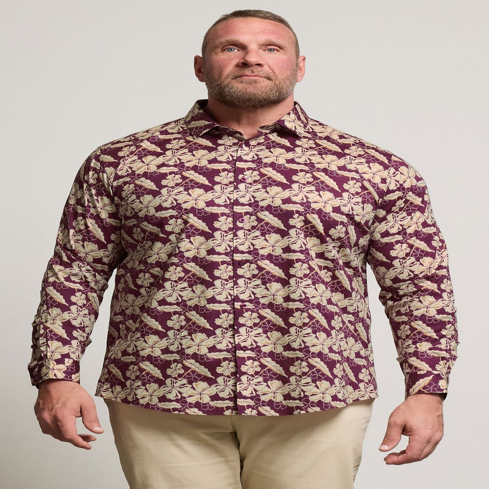 BadRhino Tailoring Burgundy Red Premium Leaf Print Long Sleeve Shirt