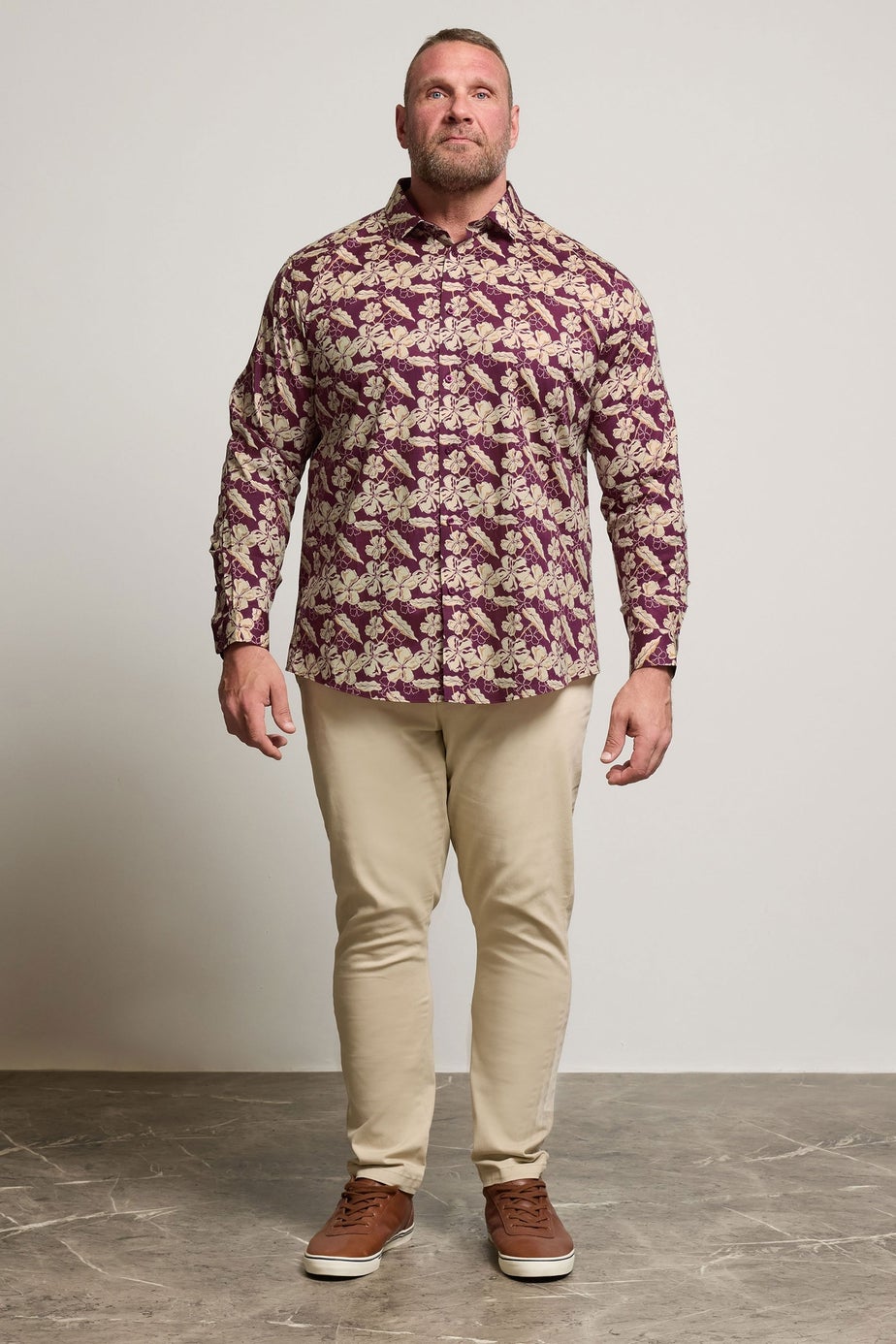 BadRhino Tailoring Burgundy Red Premium Leaf Print Long Sleeve Shirt