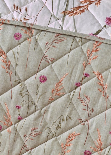 Catherine Lansfield Brushed Grasmere Floral Cotton Reversible Quilted Bedspread Green