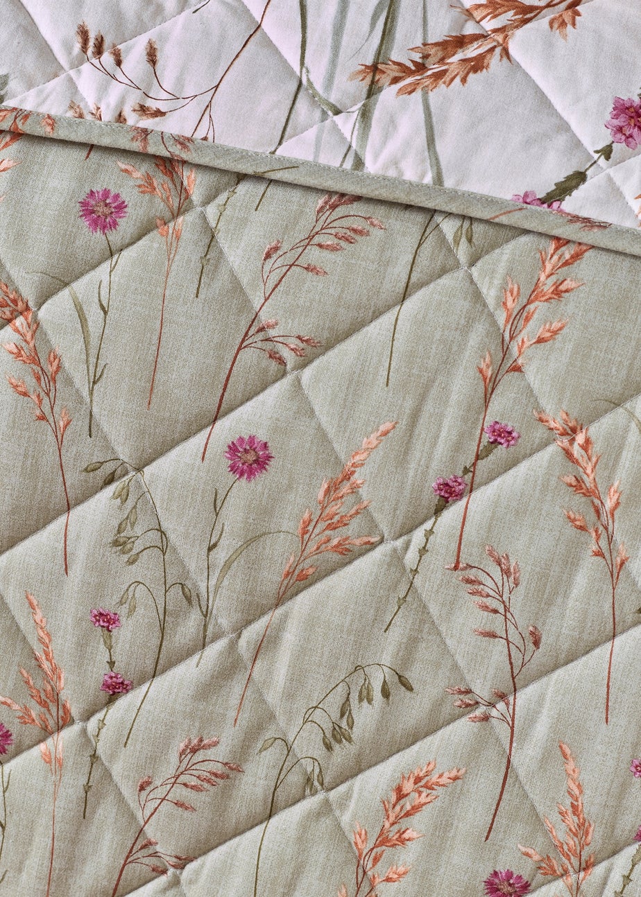 Catherine Lansfield Brushed Grasmere Floral Cotton Reversible Quilted Bedspread Green