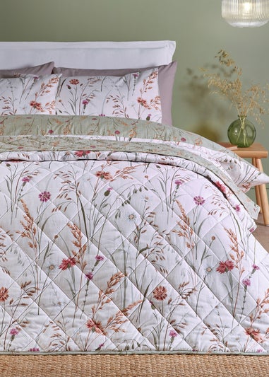 Catherine Lansfield Brushed Grasmere Floral Cotton Reversible Quilted Bedspread Green