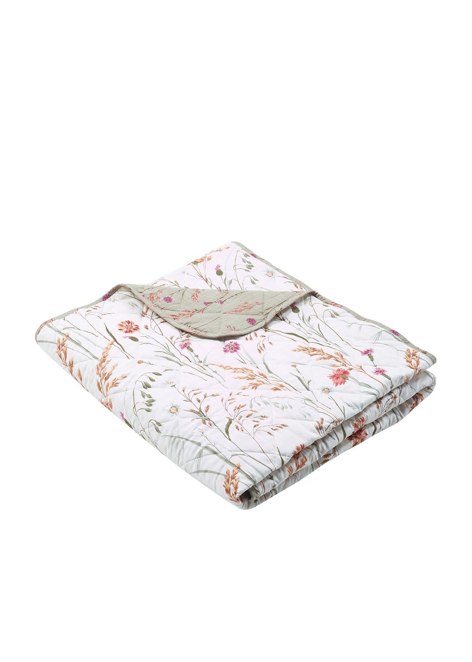 Catherine Lansfield Brushed Grasmere Floral Cotton Reversible Quilted Bedspread Green