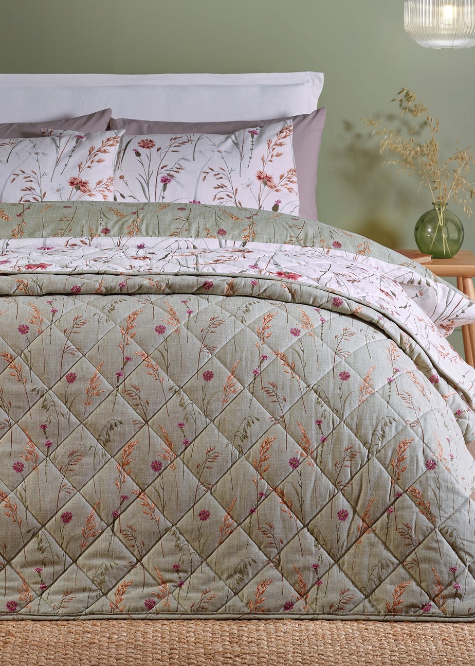 Catherine Lansfield Brushed Grasmere Floral Cotton Reversible Quilted Bedspread Green
