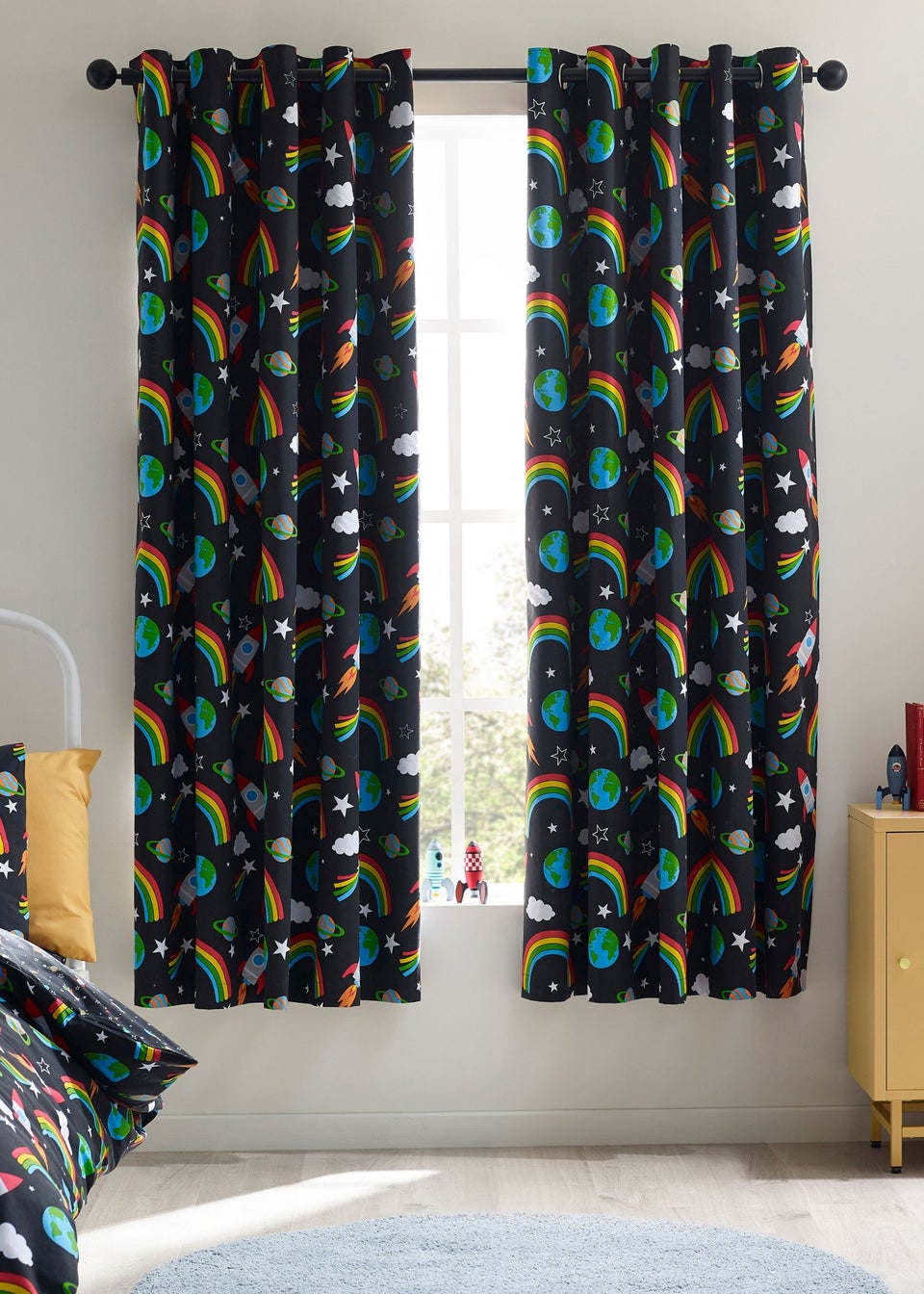 Catherine Lansfield Rainbow Rockets Fully Reversible Eyelet Curtains Black