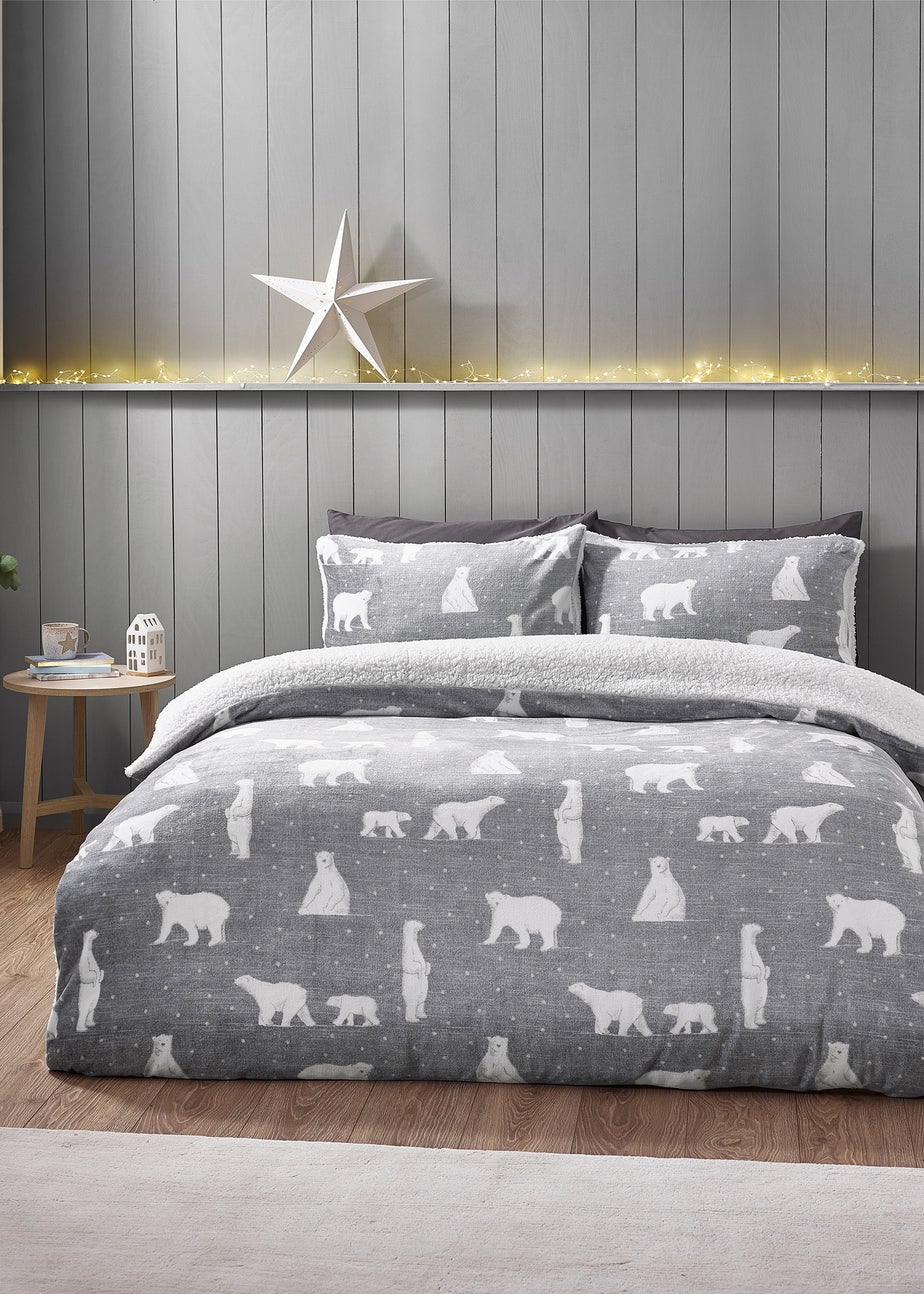 Catherine Lansfield Cosy Polar Bear Soft Sherpa Duvet Cover Set Grey