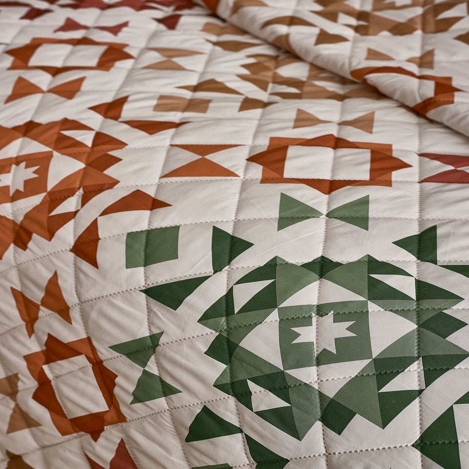 Catherine Lansfield Autumn Patchwork Geo Quilted Bedspread Natural