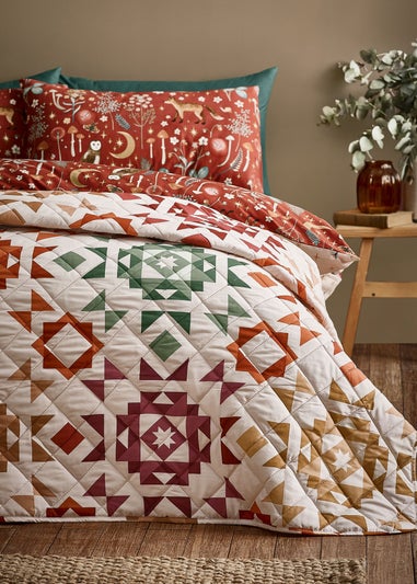 Catherine Lansfield Autumn Patchwork Geo Quilted Bedspread Natural