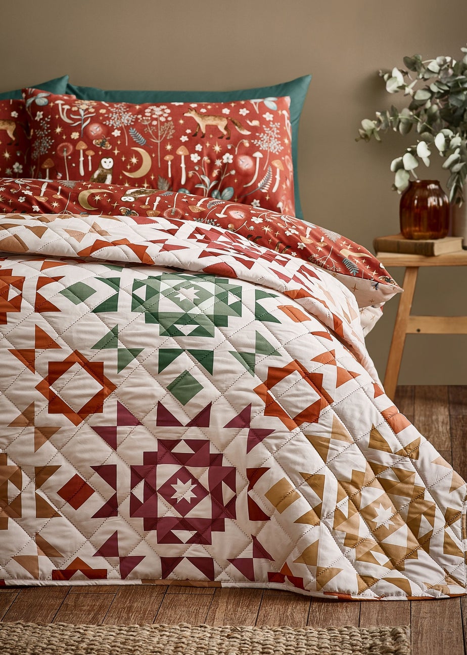 Catherine Lansfield Autumn Patchwork Geo Quilted Bedspread Natural