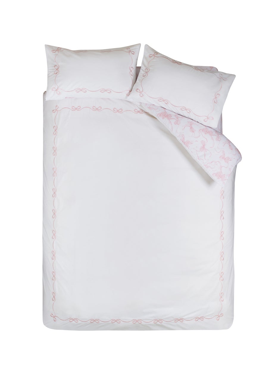 Catherine Lansfield Bow Embroidery Duvet Cover Set White/Pink