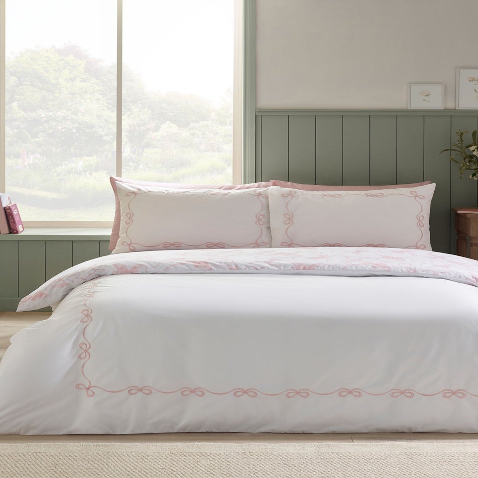 Catherine Lansfield Bow Embroidery Duvet Cover Set White/Pink