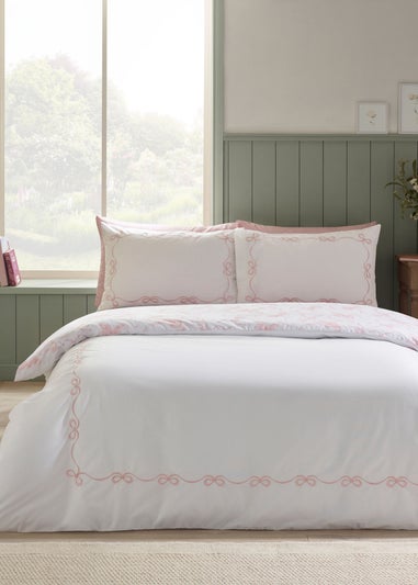 Catherine Lansfield Bow Embroidery Duvet Cover Set White/Pink