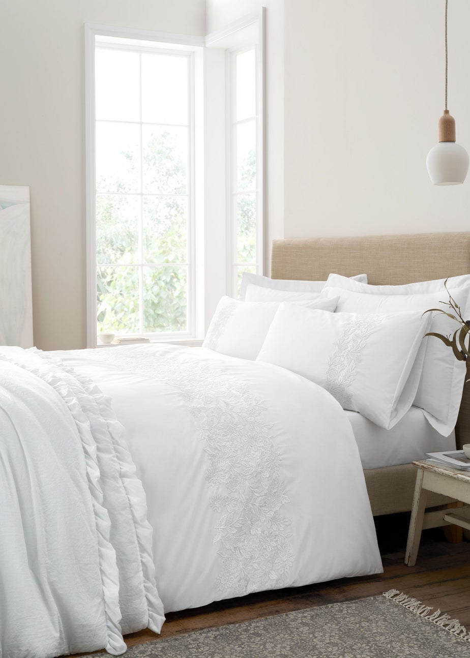 Bianca Fine Linens Embroidery Floral Cotton Duvet Cover Set White
