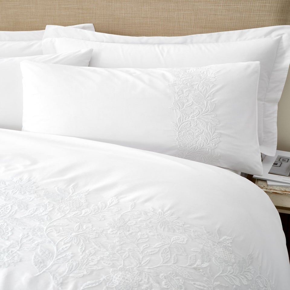 Bianca Fine Linens Embroidery Floral Cotton Duvet Cover Set White