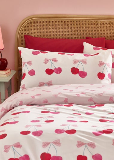 Catherine Lansfield Cherries and Bows Reversible Duvet Cover Set Pink