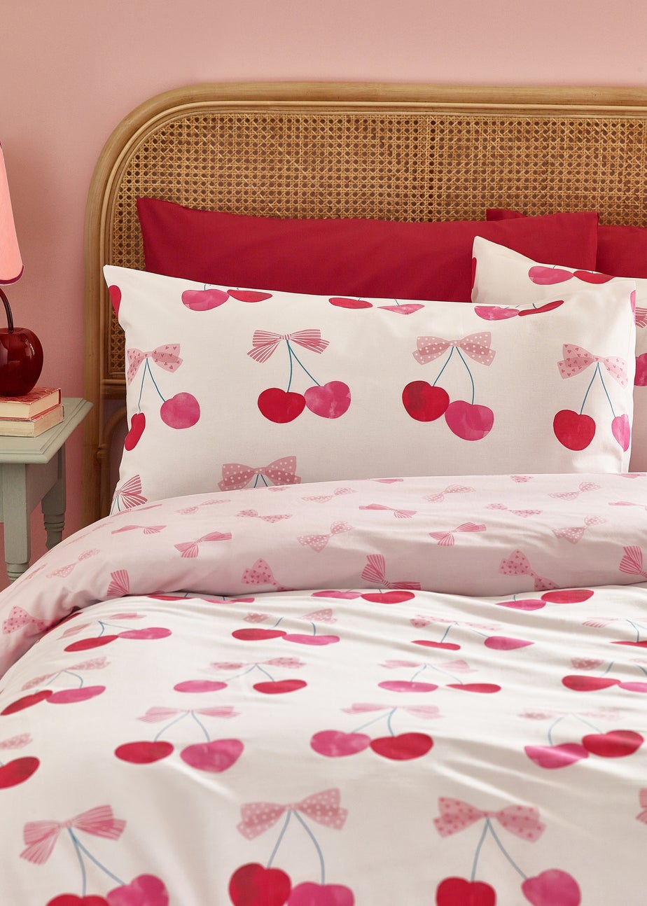 Catherine Lansfield Cherries and Bows Reversible Duvet Cover Set Pink