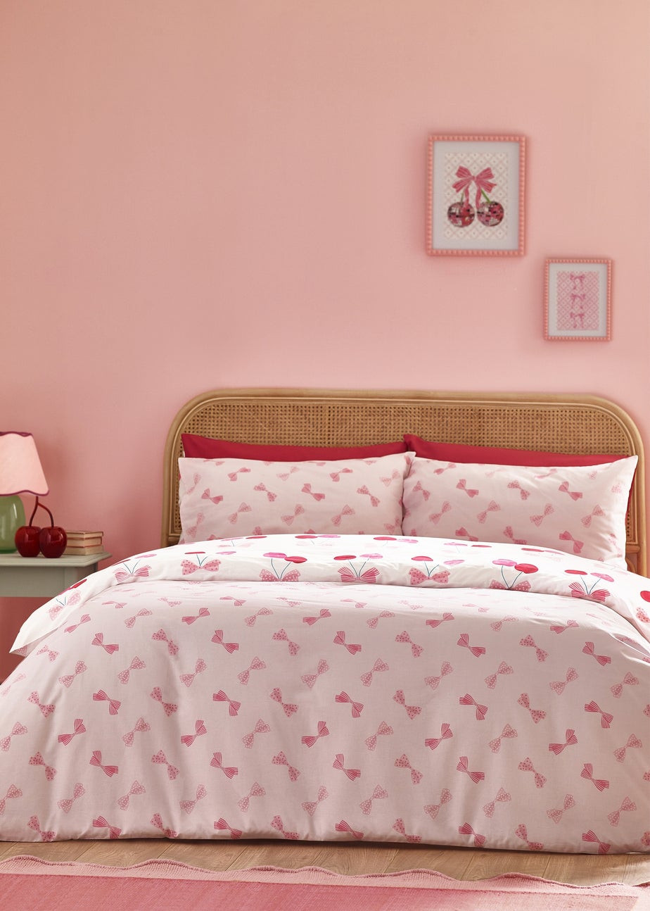Catherine Lansfield Cherries and Bows Reversible Duvet Cover Set Pink