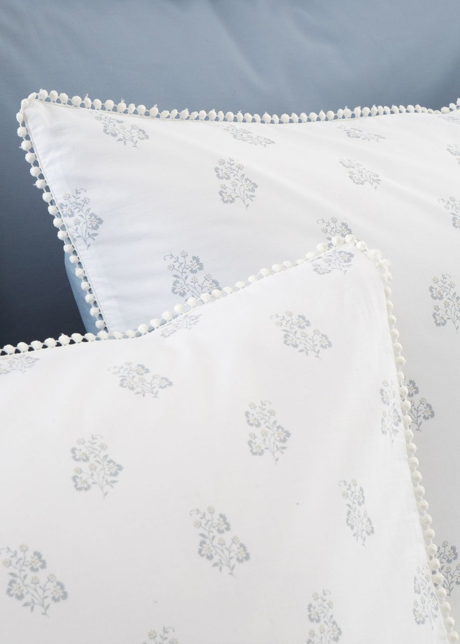 Bianca Fine Linens Esme Floral Cotton Reversible Duvet Cover Set White Blue