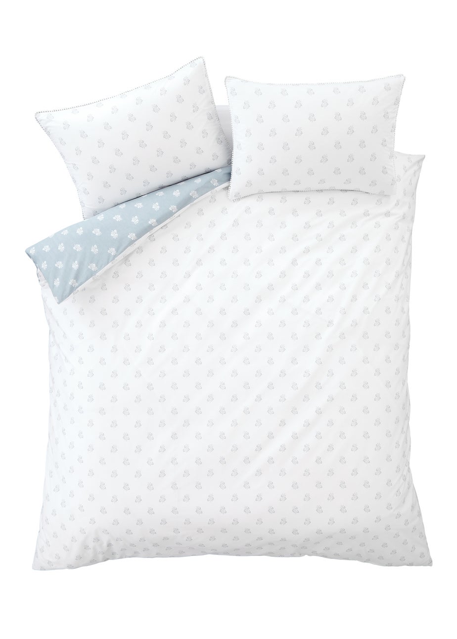 Bianca Fine Linens Esme Floral Cotton Reversible Duvet Cover Set White Blue