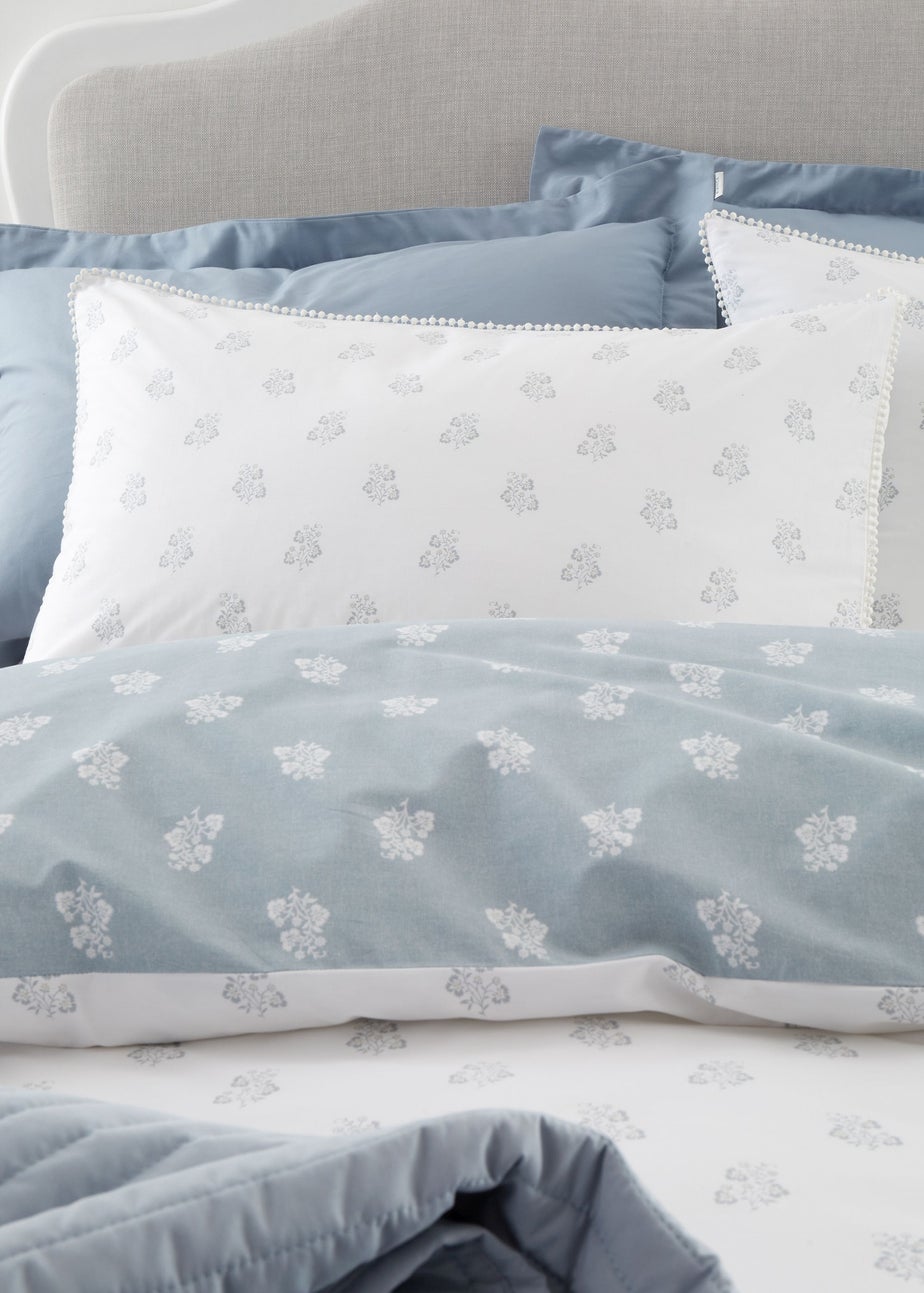 Bianca Fine Linens Esme Floral Cotton Reversible Duvet Cover Set White Blue
