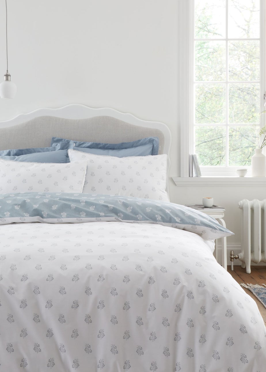 Bianca Fine Linens Esme Floral Cotton Reversible Duvet Cover Set White Blue
