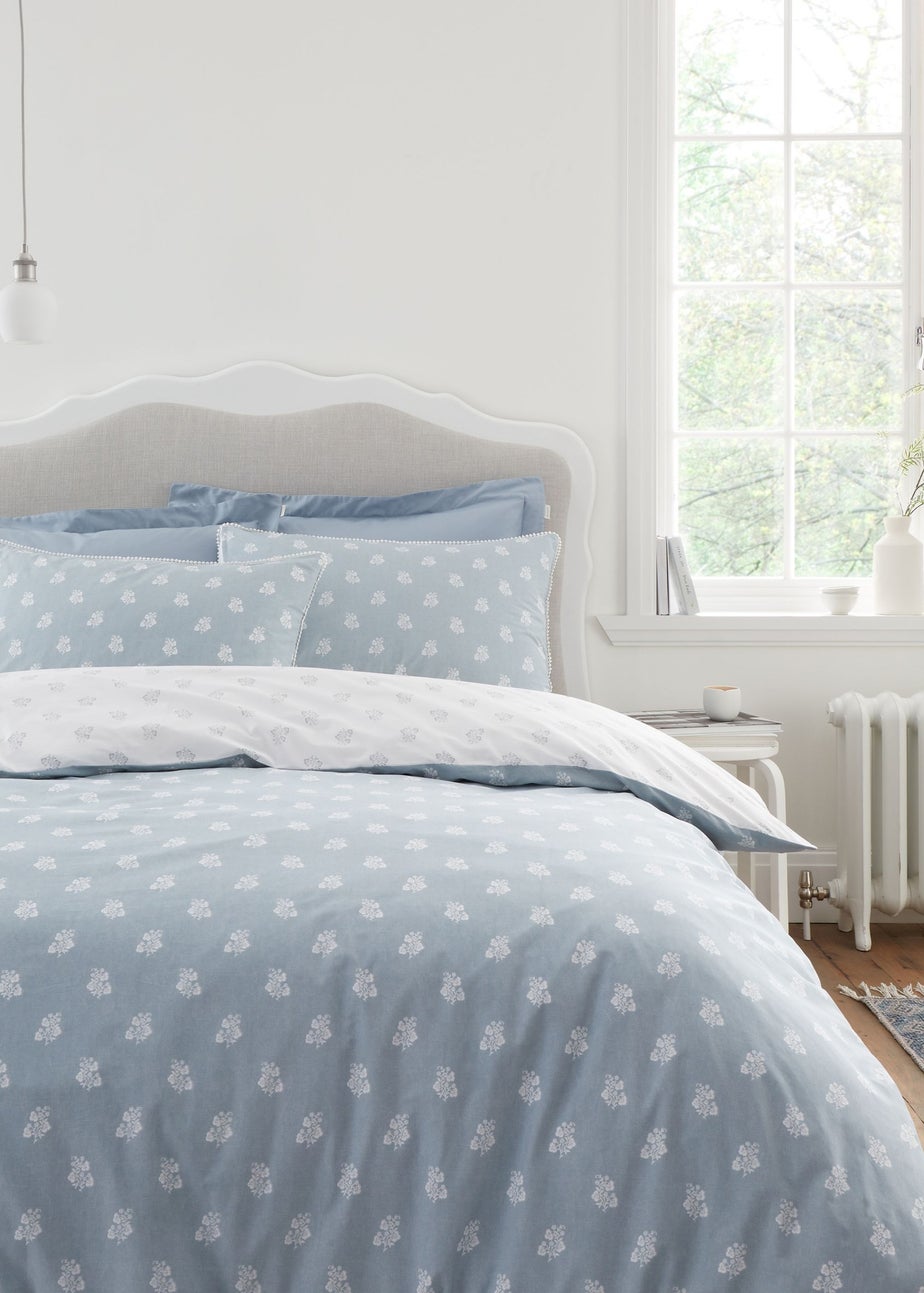 Bianca Fine Linens Esme Floral Cotton Reversible Duvet Cover Set White Blue