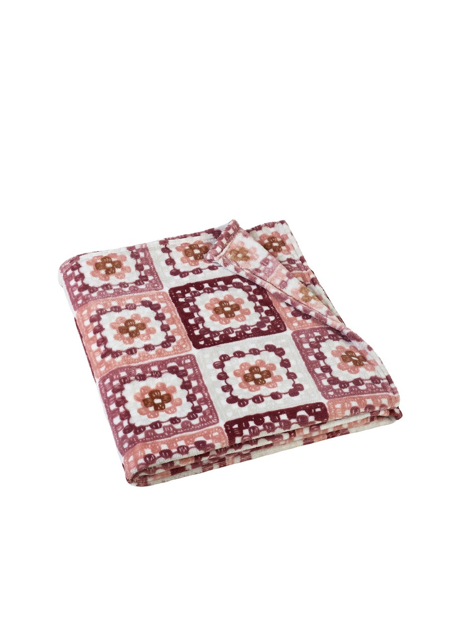 Catherine Lansfield Crochet Print Blanket Throw Pink