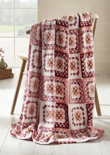 Catherine Lansfield Crochet Print Blanket Throw Pink