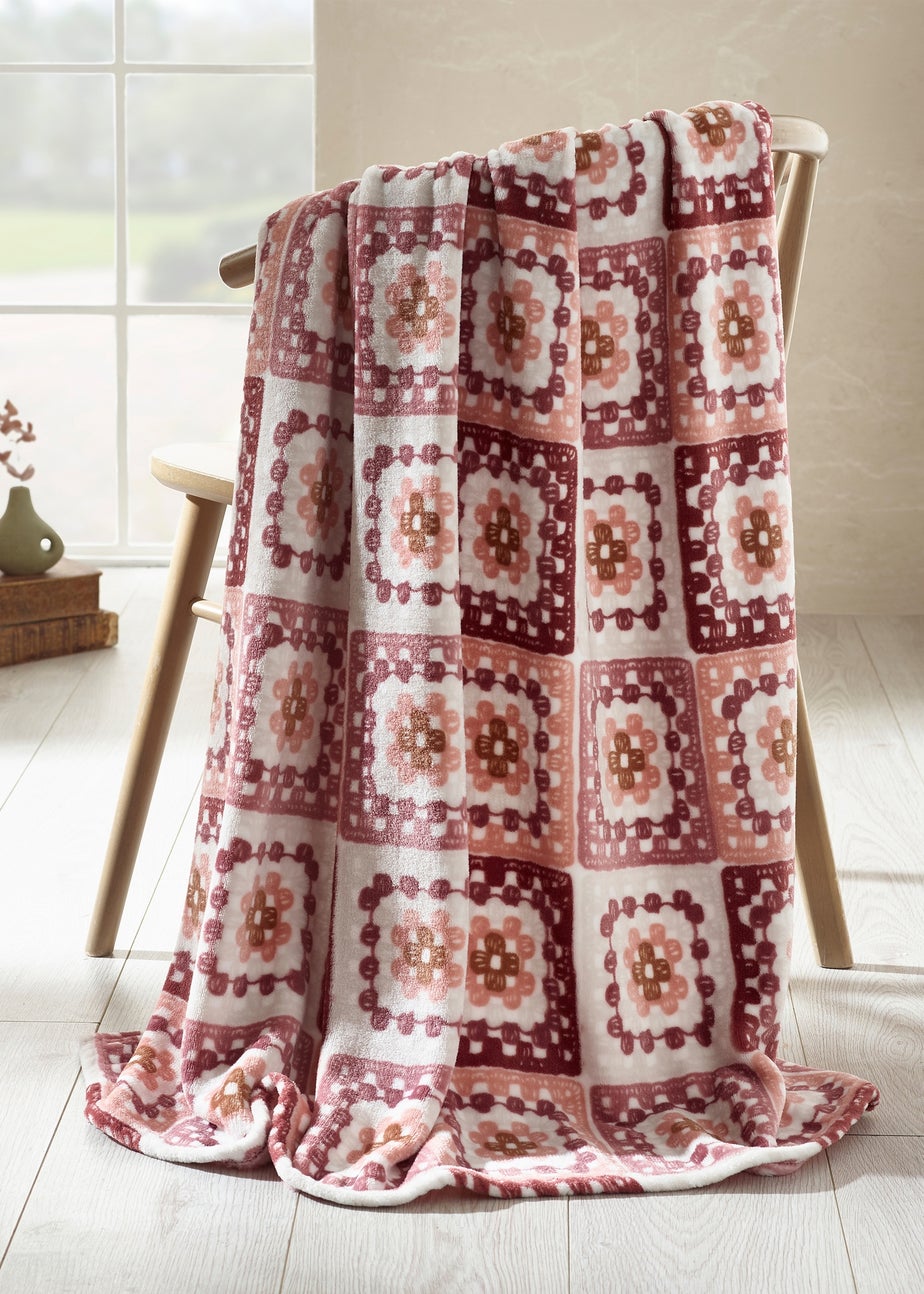 Catherine Lansfield Crochet Print Blanket Throw Pink