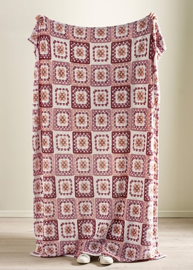 Catherine Lansfield Crochet Print Blanket Throw Pink
