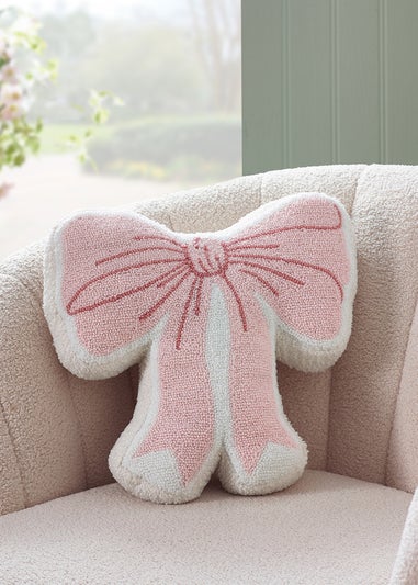 Catherine Lansfield Bow Boucle 3D Shaped Cushion Pink