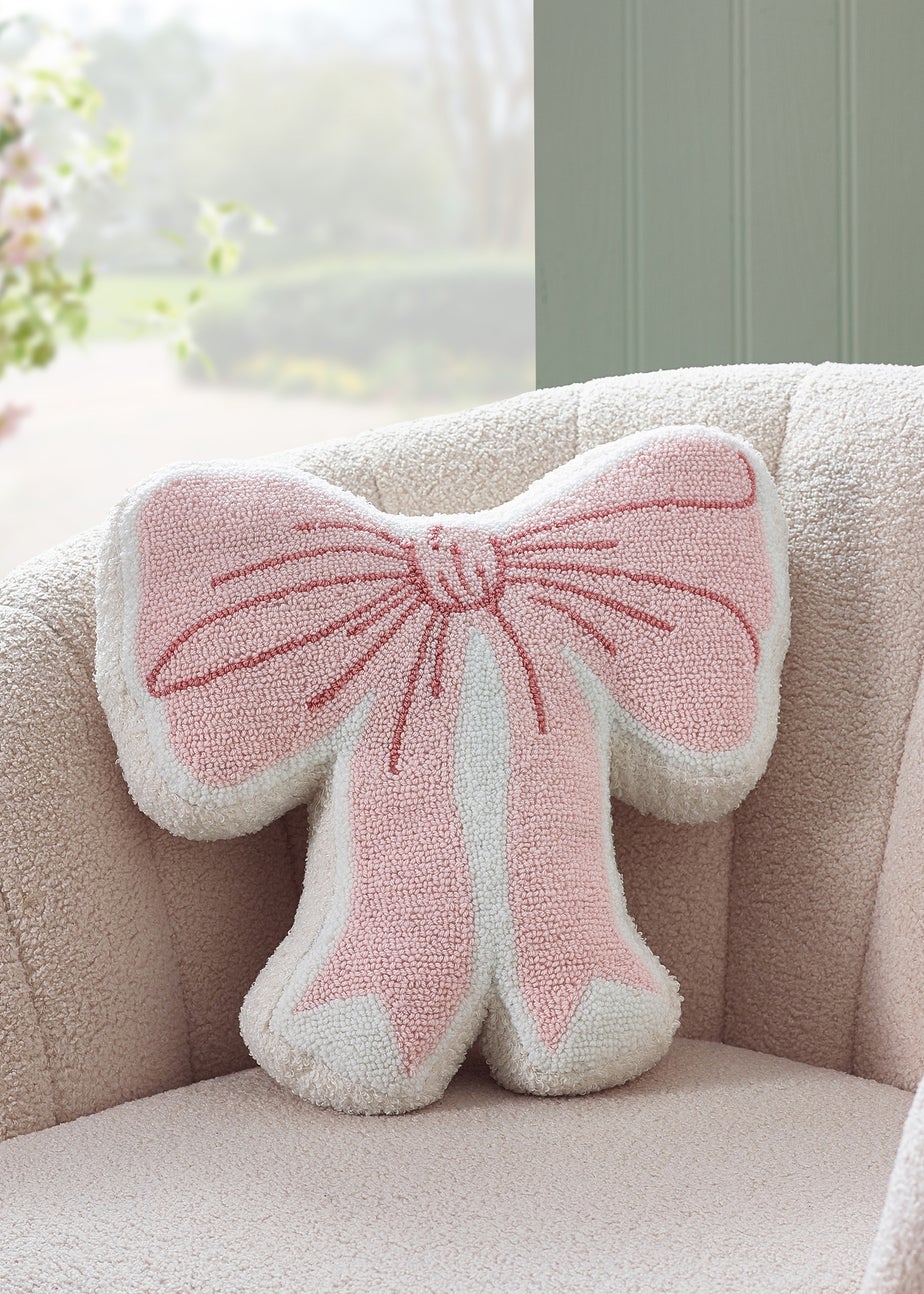 Catherine Lansfield Bow Boucle 3D Shaped Cushion Pink