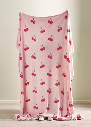Catherine Lansfield Disco Cherries Cosy Fleece Oversized Blanket Throw Pink