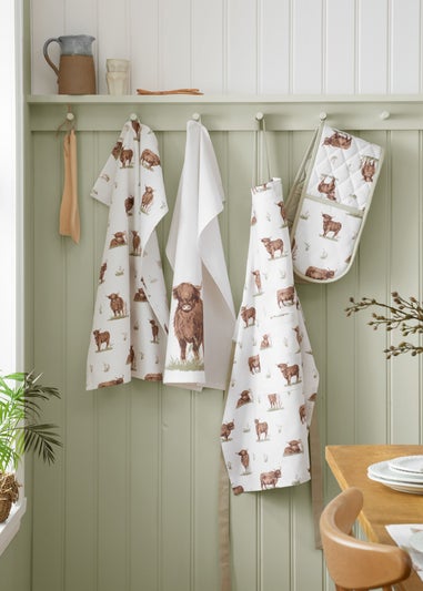 Catherine Lansfield Angus Highland Cow Cotton Kitchen Tea Towel Pack of 4 Natural