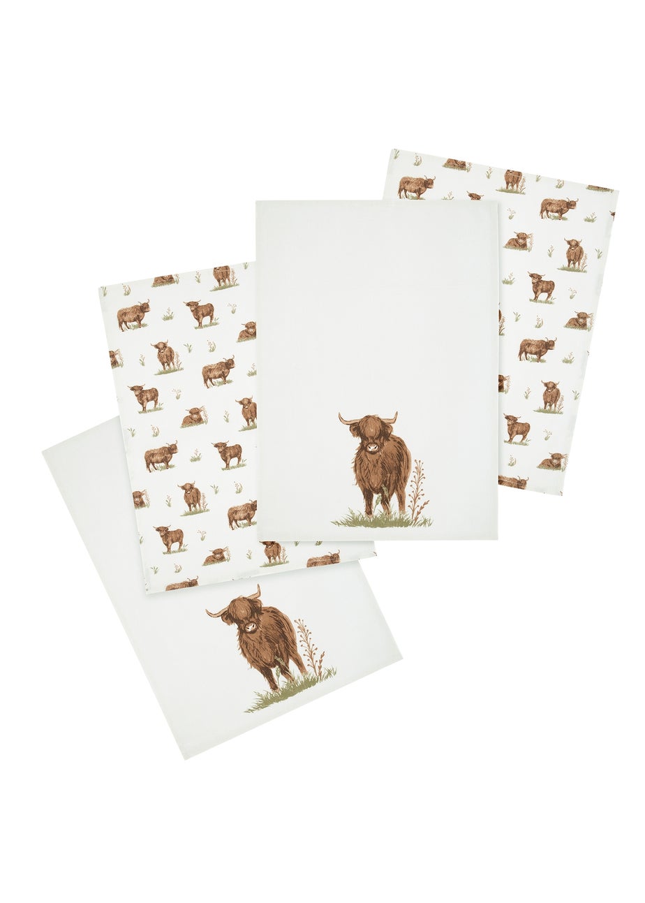 Catherine Lansfield Angus Highland Cow Cotton Kitchen Tea Towel Pack of 4 Natural