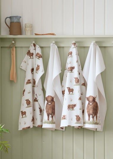 Catherine Lansfield Angus Highland Cow Cotton Kitchen Tea Towel Pack of 4 Natural