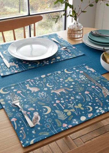 Catherine Lansfield Enchanted Twilight Animals Cotton Dining Placemat 4 Pack Navy Blue