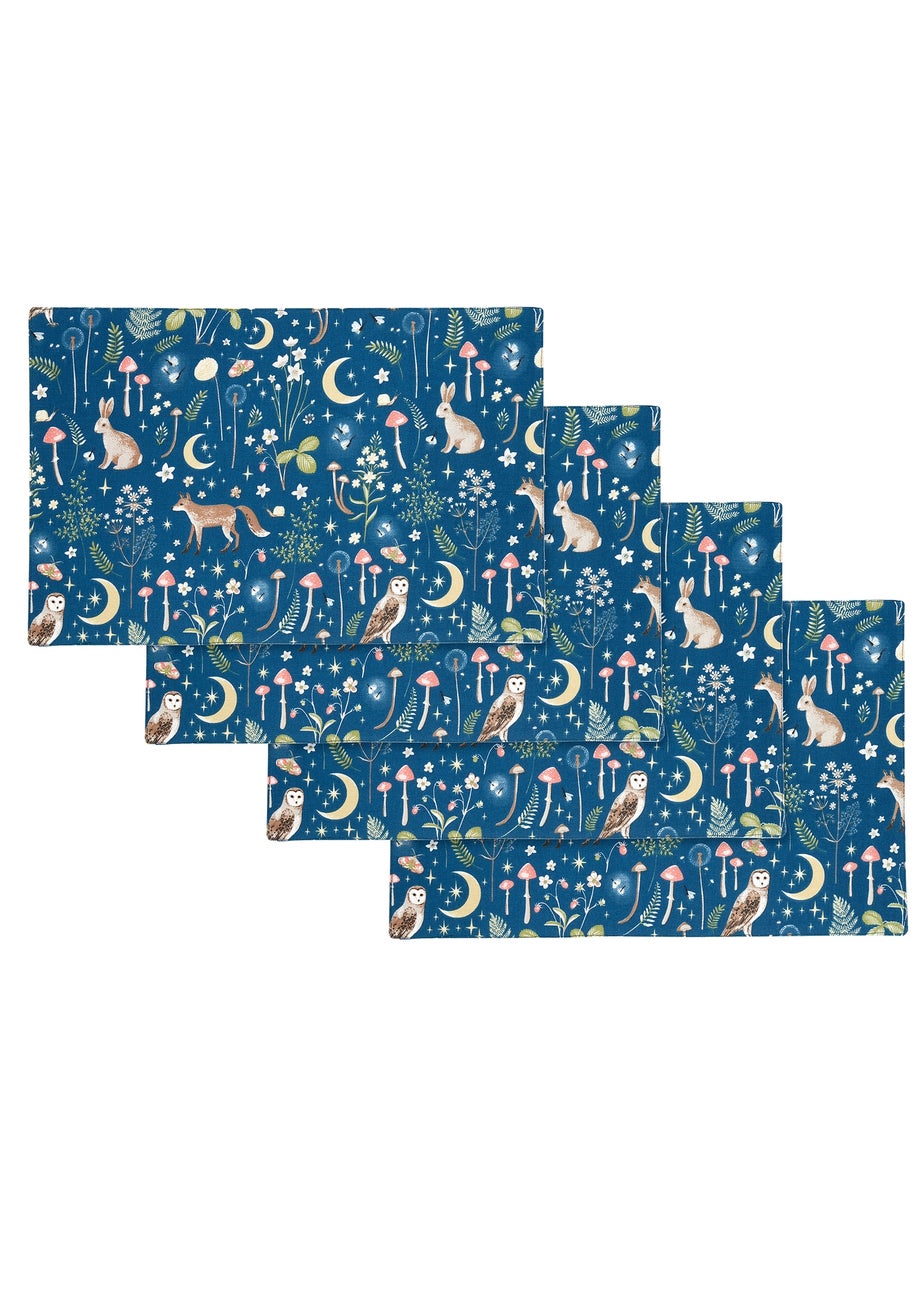 Catherine Lansfield Enchanted Twilight Animals Cotton Dining Placemat 4 Pack Navy Blue